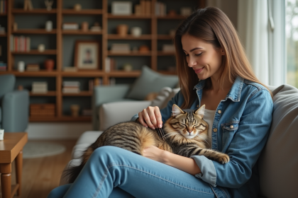 Femme caressant un chat fluffy sur ses genoux dans un salon