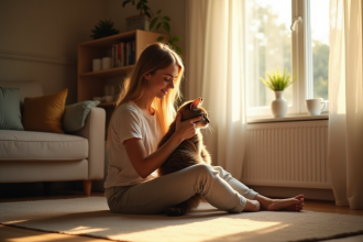 Jeune femme avec un chat dans un salon lumineux