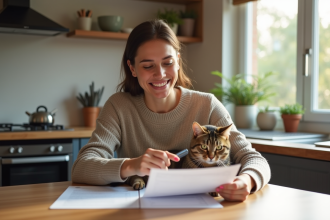 Femme souriante caressant son chat dans la cuisine