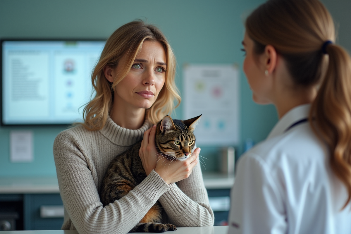 Femme caressant son chat à la clinique vétérinaire