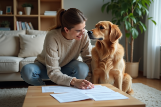 Jeune femme avec chien regardant des documents d'assurance