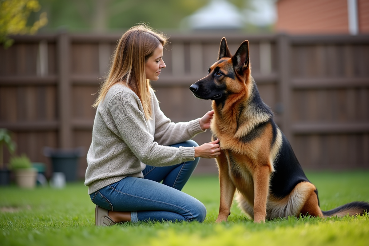 Femme adulte avec un chien berger allemand en extérieur