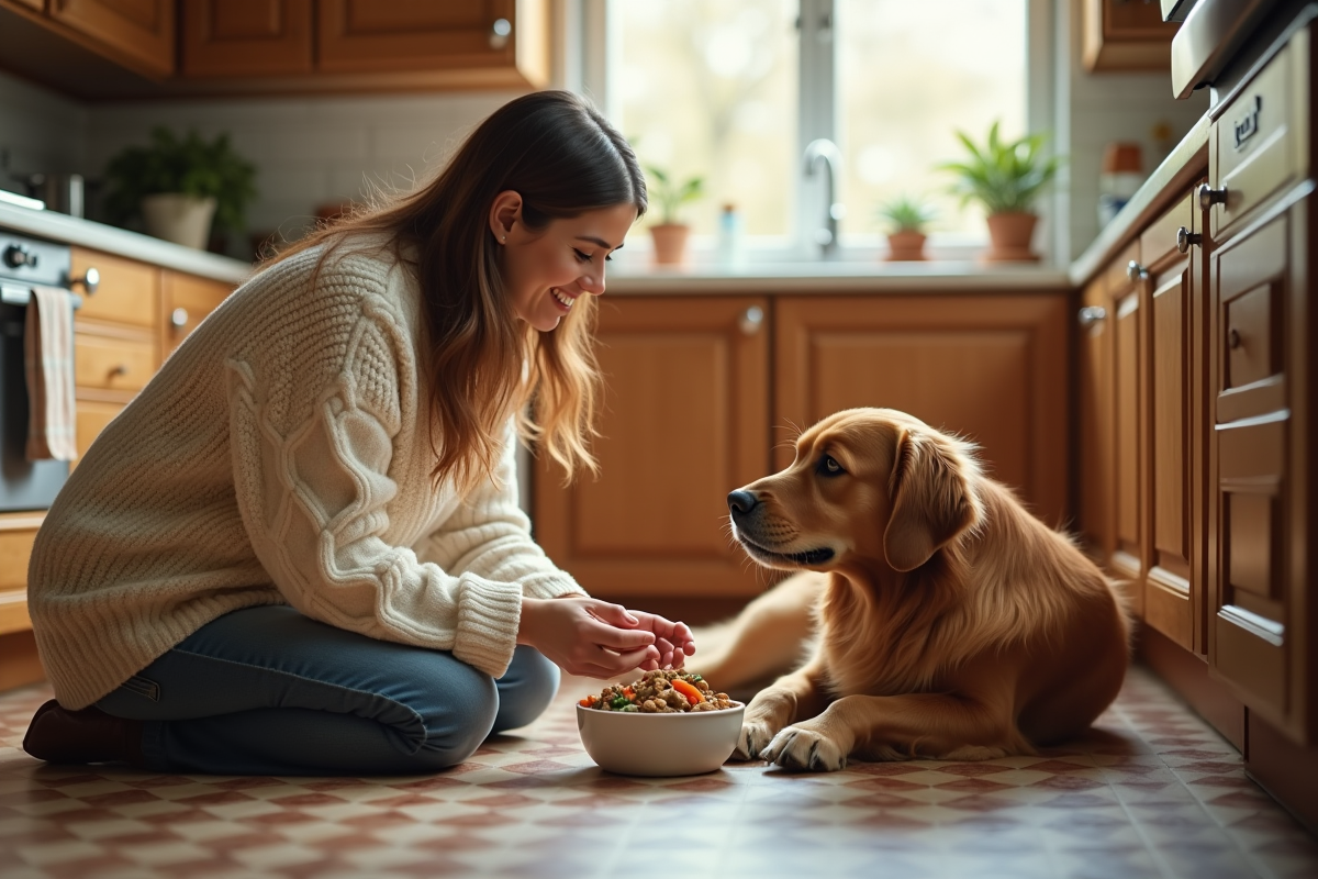 Femme en pull tricoté avec son chien dans la cuisine chaleureuse