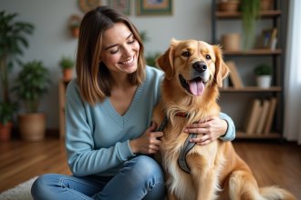 Femme souriante avec un retriever dans un salon chaleureux