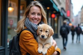 Femme avec un chiot golden retriever en ville