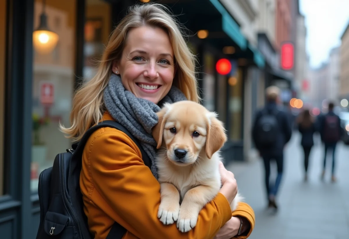 Femme avec un chiot golden retriever en ville