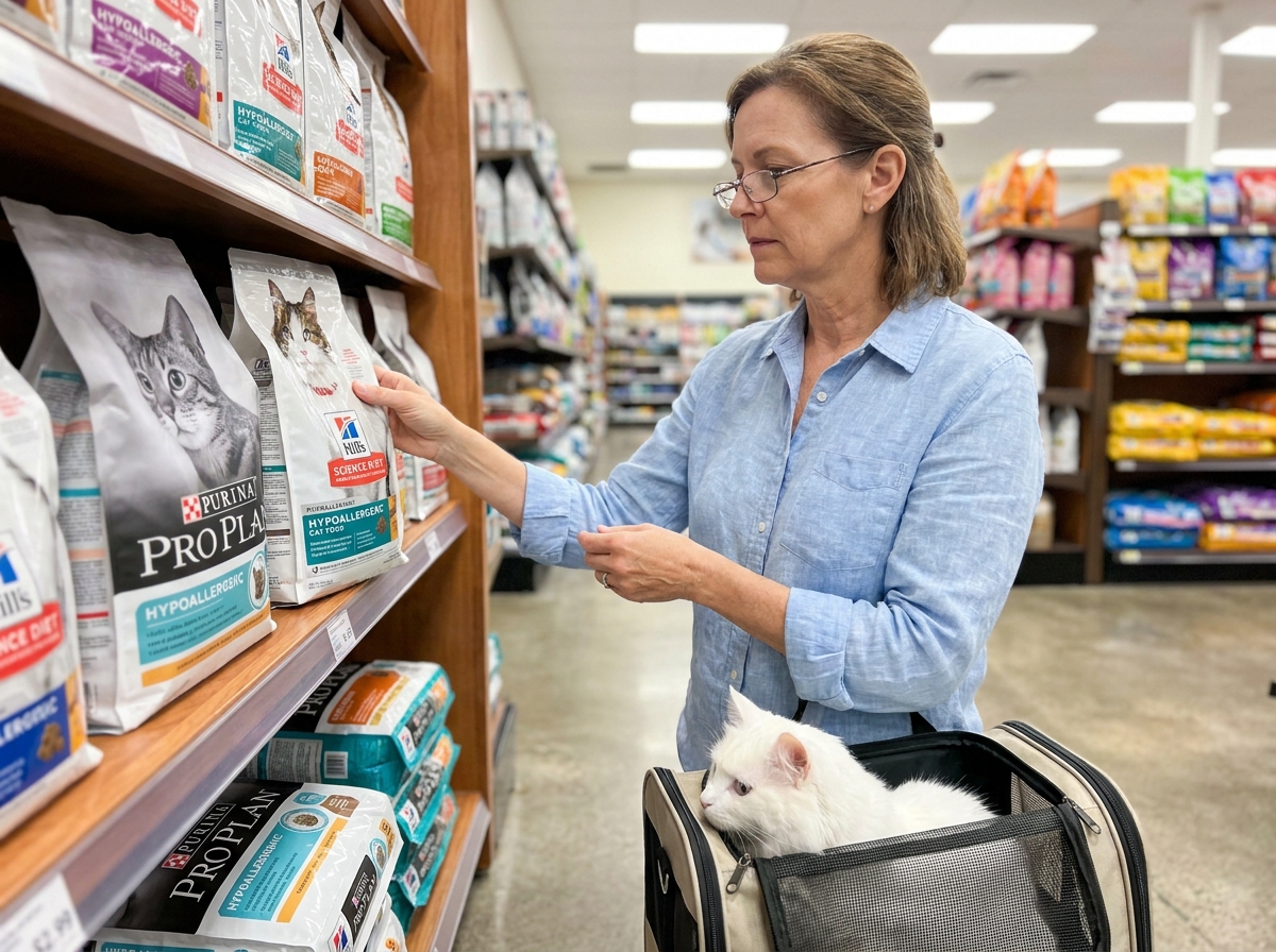Femme choisissant une nourriture hypoallergénique pour son chat blanc dans un magasin d'alimentation animale