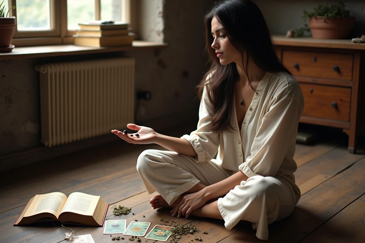 Femme contemplant une coccinelle noire sur sa paume entourée de livres ésotériques et de cartes de tarot