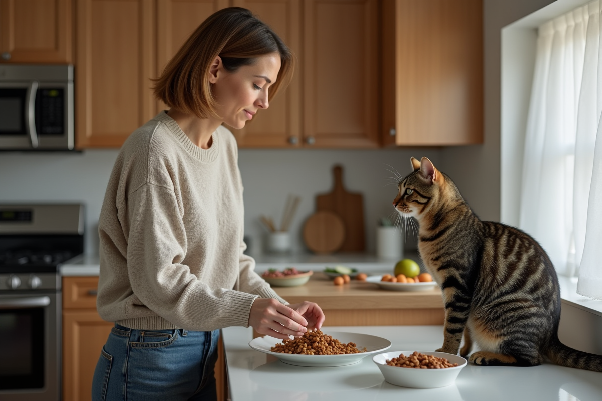 Femme dans la cuisine moderne avec un chat curieux sur le plan de travail