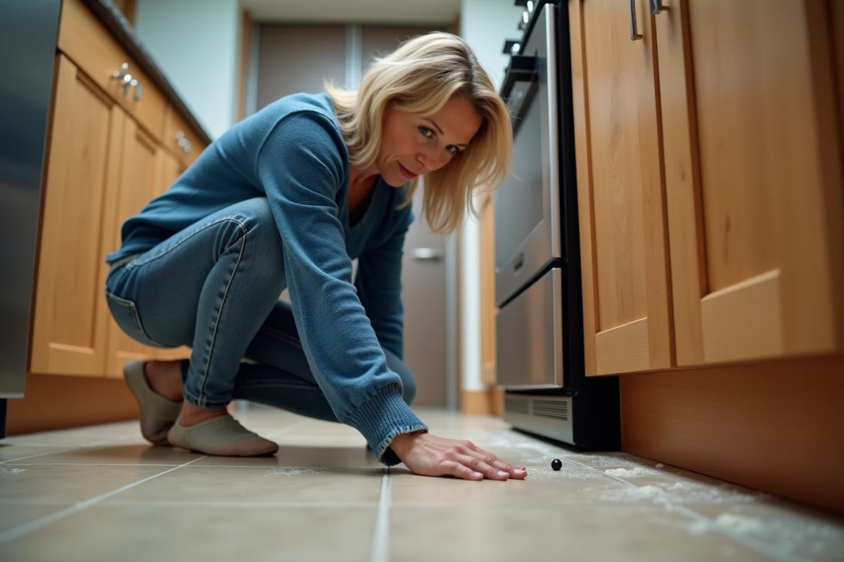 Femme d'âge moyen examine un petit pellet dans la cuisine