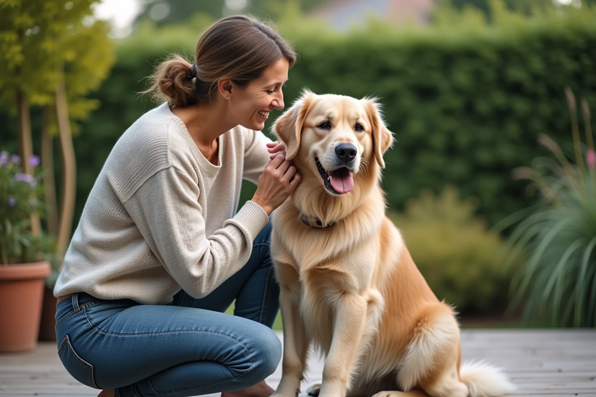 Femme caressant un grand chien dans son jardin