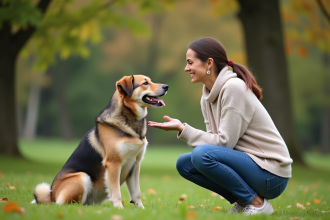 Femme souriante avec son chien dans un parc verdoyant