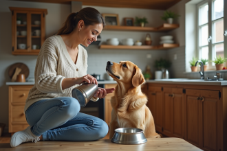 Femme donnant à boire à son chien dans la cuisine chaleureuse