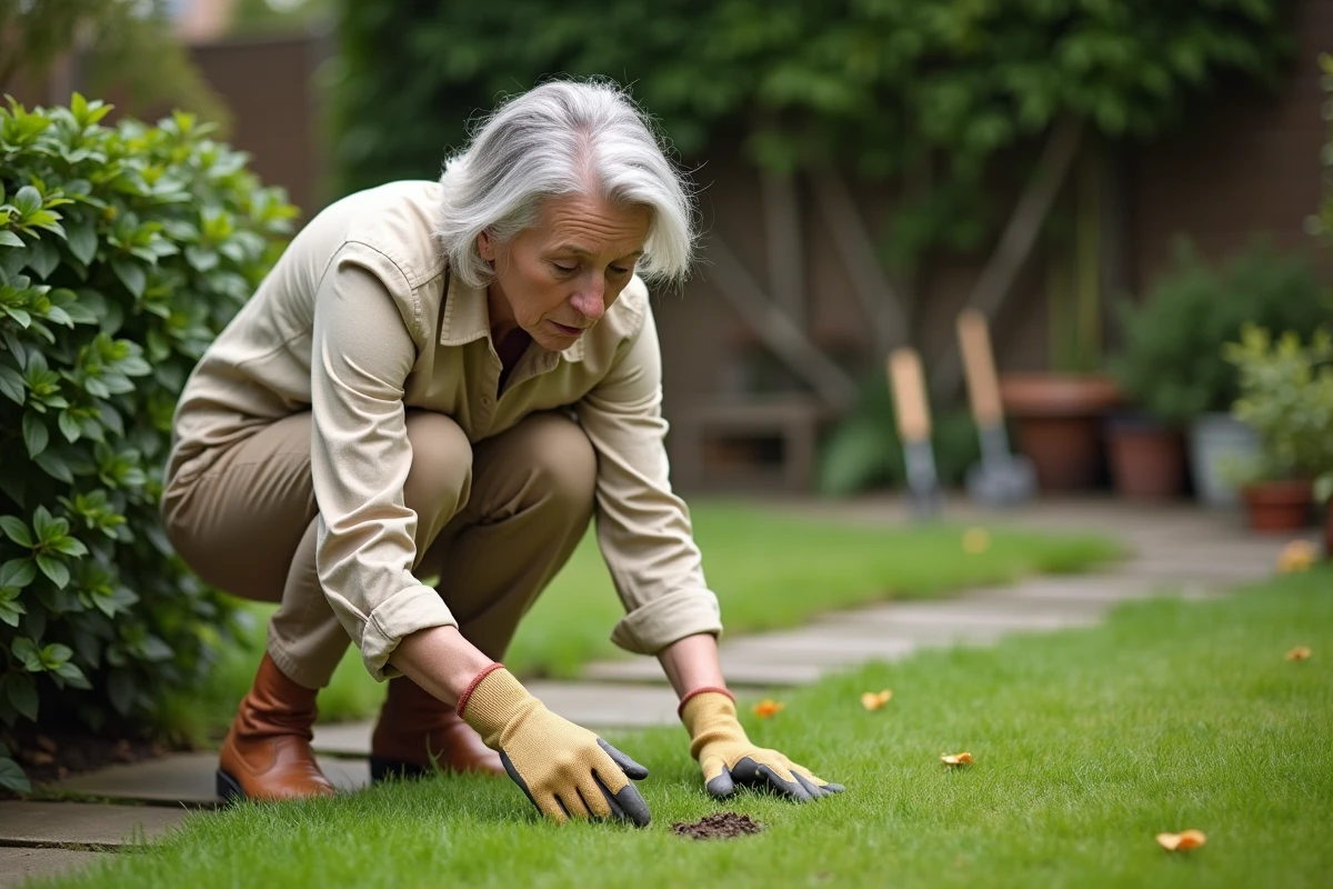 Femme en train d'examiner des crottes de renard dans son jardin avec des gants de jardinage