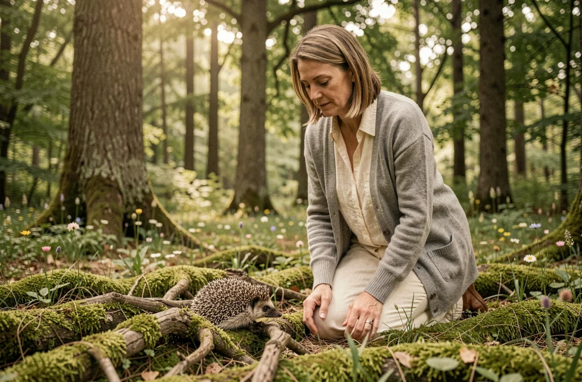 Femme contemplant un hérisson en forêt, moment spirituel et signe des anges