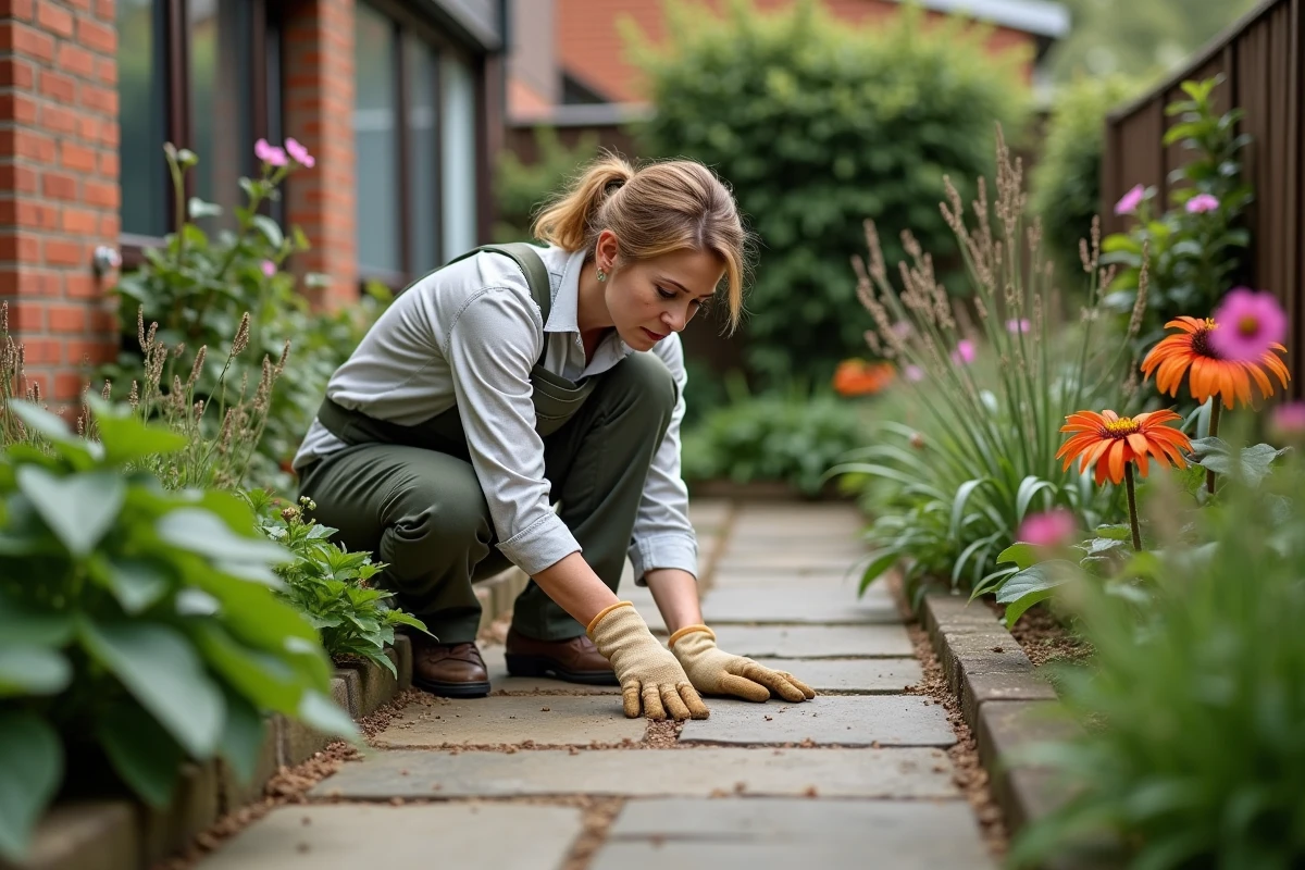 Femme jardinant examinant des traces de renard dans le jardin