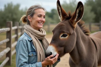 Femme souriante caressant un âne dans un parc animalier en Provence