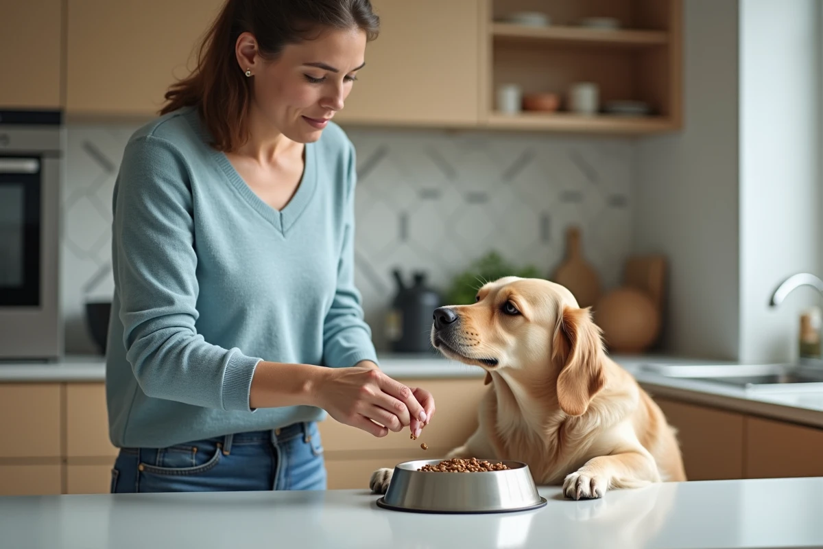Femme ajoutant lentilles dans la gamelle de son chien dans la cuisine