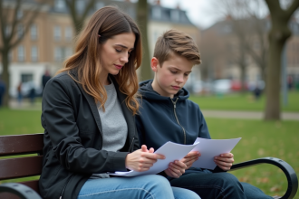 Femme inquiète avec son fils dans un parc français