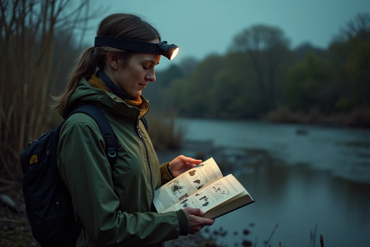 Femme naturaliste identifiant des empreintes et crottes d'animaux nocturnes sur une berge boueuse avec un guide de terrain