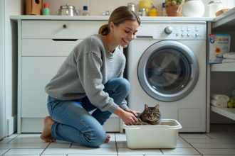 Jeune femme nettoyant la litière de chat dans la buanderie