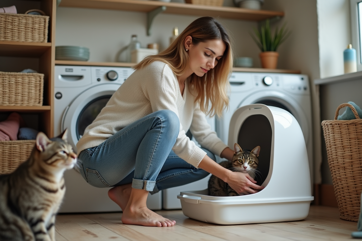 Femme en jeans nettoyant une litière pour chat dans une buanderie chaleureuse
