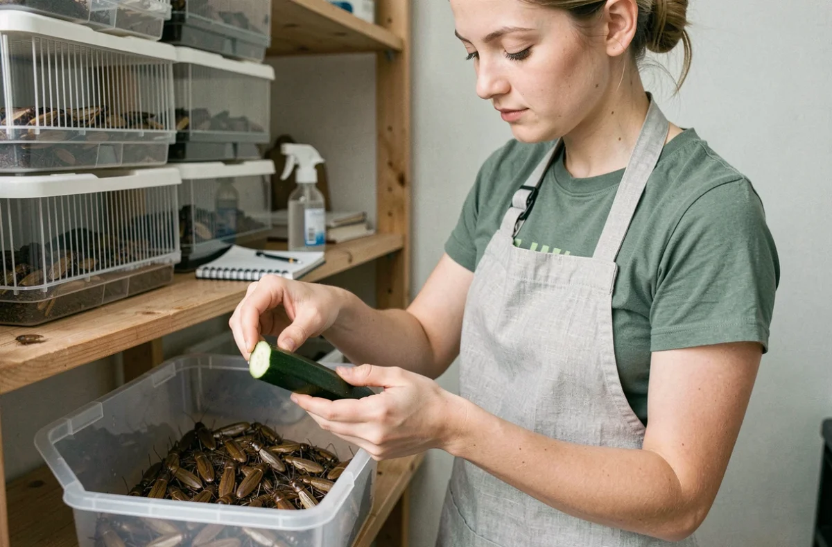 Femme nourrissant ses grillons en captivité avec des légumes frais dans un élevage artisanal à domicile
