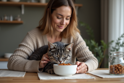 Femme nourrissant un chat diabétique dans la cuisine