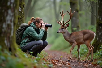 Femme en plein air observant un chevreuil avec des jumelles