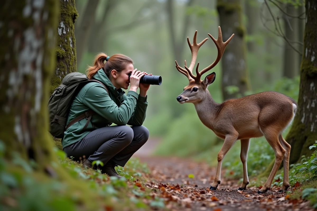 Femme en plein air observant un chevreuil avec des jumelles