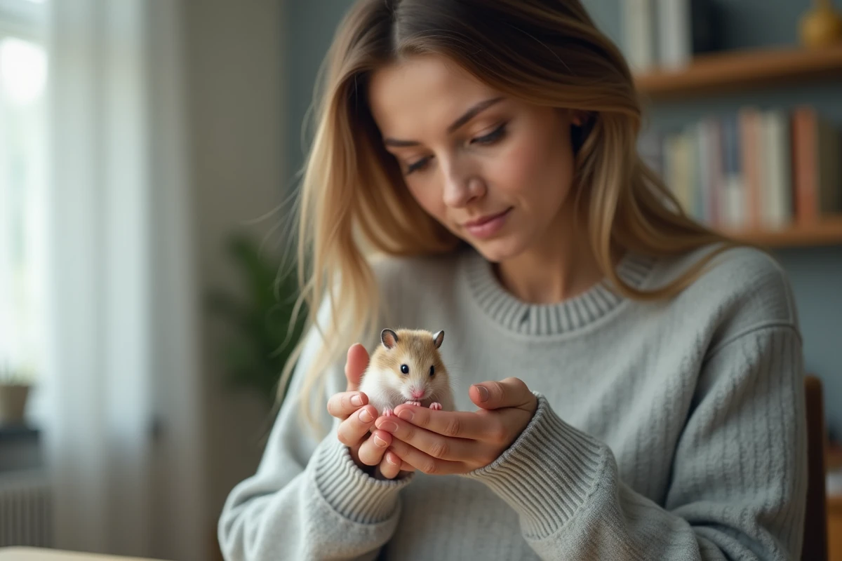 Femme observant attentivement un hamster nain gestant posé dans ses mains en coupe