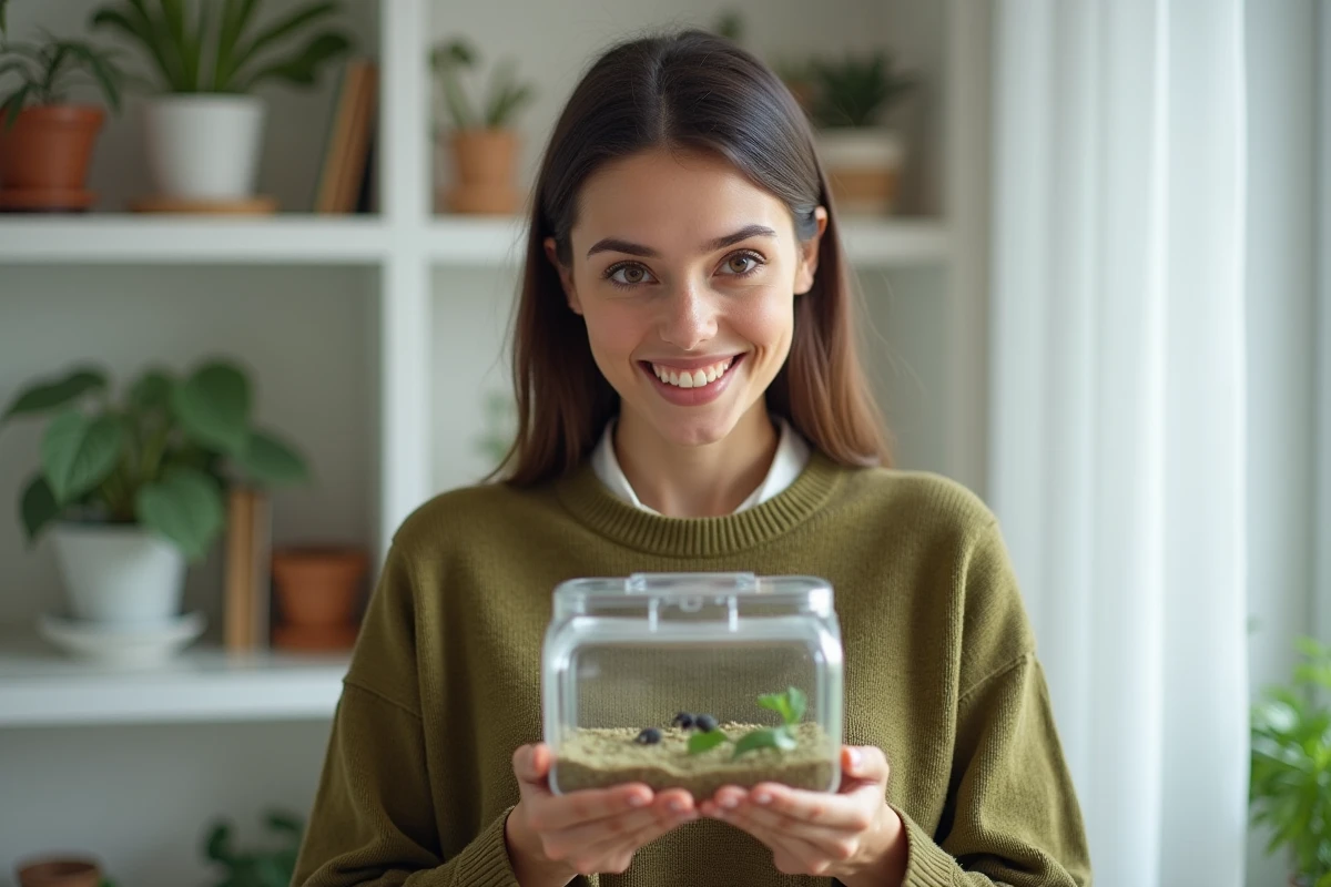 Femme tenant un kit fourmilière transparent et observant les fourmis avec émerveillement, cadeau scientifique original