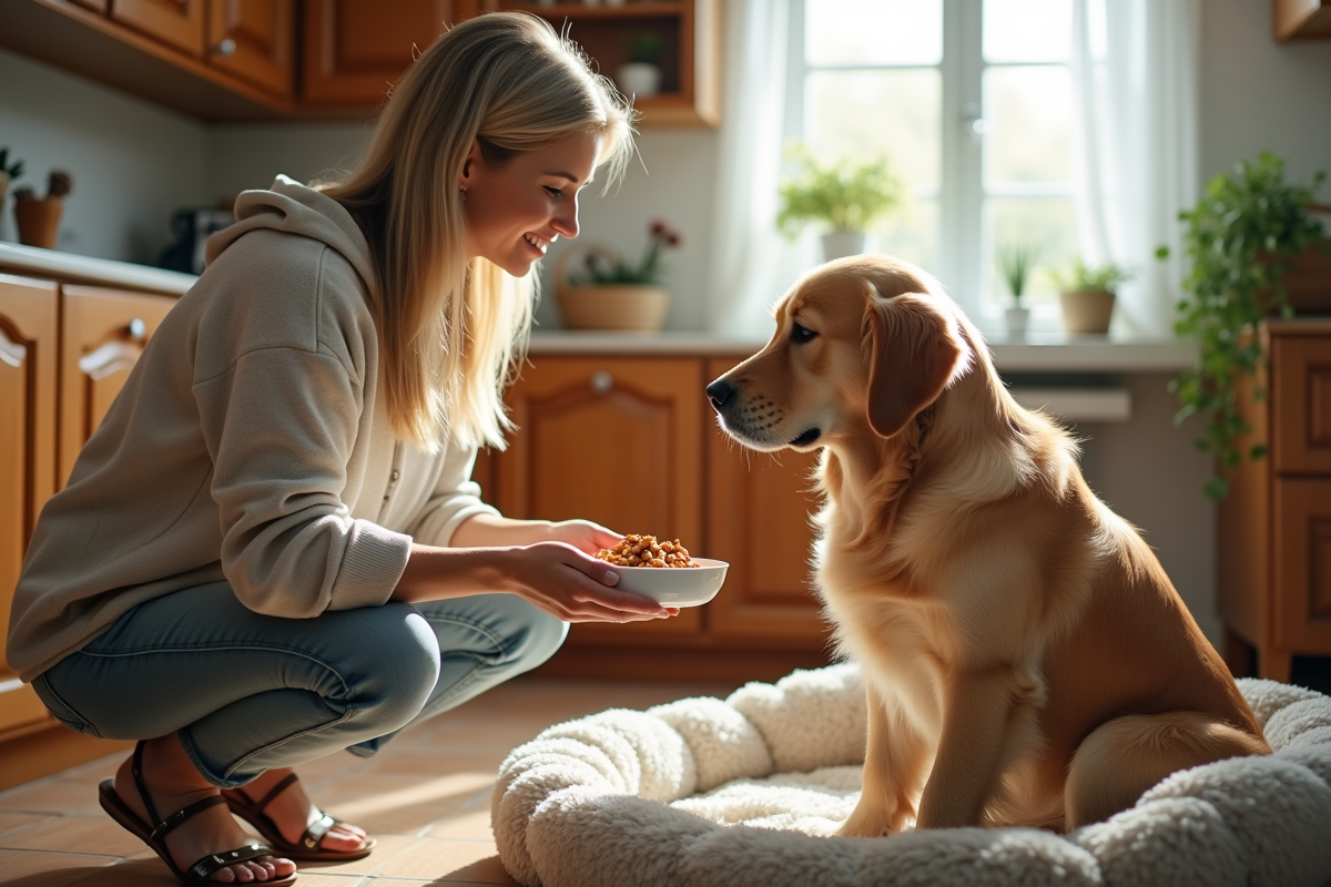 Femme offrant de la nourriture à son chien dans la cuisine