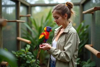 Jeune femme avec perruche dans un aviary moderne