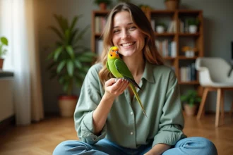 Femme souriante tenant une perruche verte sur son doigt dans un appartement cosy, choisissant un prénom original pour son oiseau