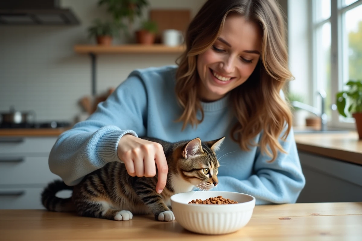 Jeune femme donnant de la nourriture à un chat tigré dans la cuisine