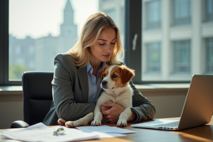 Femme attentive tenant un chien rescue dans un bureau lumineux
