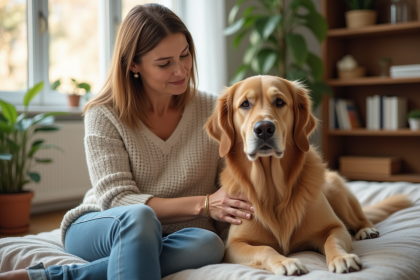 Femme encourage son chien retriever dans un salon lumineux