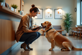 Femme et chien golden retriever à la clinique vétérinaire