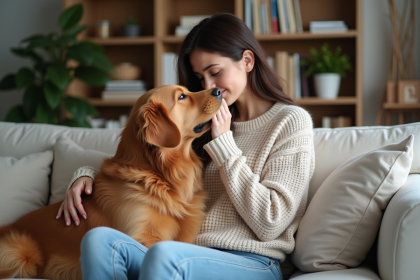 Femme assise avec son chien dans un salon cosy