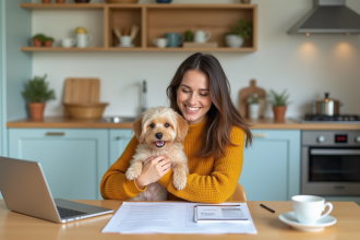 Femme souriante avec chien dans la cuisine chaleureuse