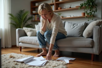 Femme stressée nettoyant des papiers déchirés dans le salon