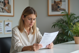 Femme préoccupée examinant une facture à la clinique vétérinaire