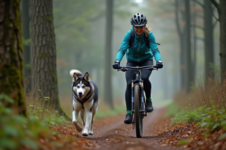 Femme en vélo montagne avec husky en forêt