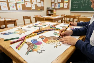 Fiche d'activité scolaire avec illustration de caille colorée par des enfants en classe