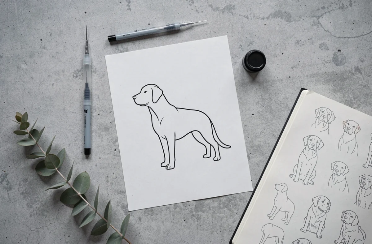 Flat lay artistique d'un pochoir de tatouage chien minimaliste en un seul trait entouré de matériel de tatouage