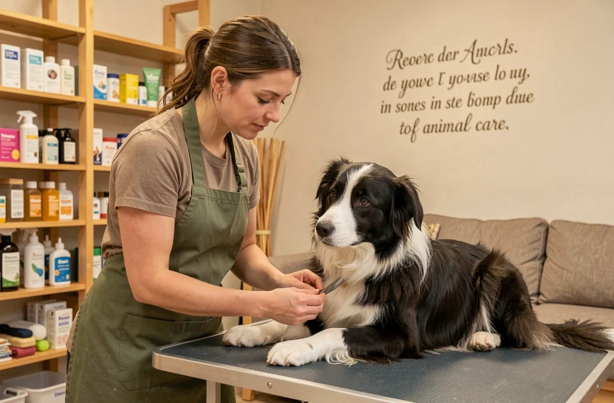 Flo Toutou à Angers, une toiletteuse coupant les griffes d'un Border Collie calme dans son salon de soins animaliers