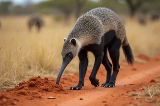 Fourmilier géant explorant une termitière dans la savane avec son long museau caractéristique