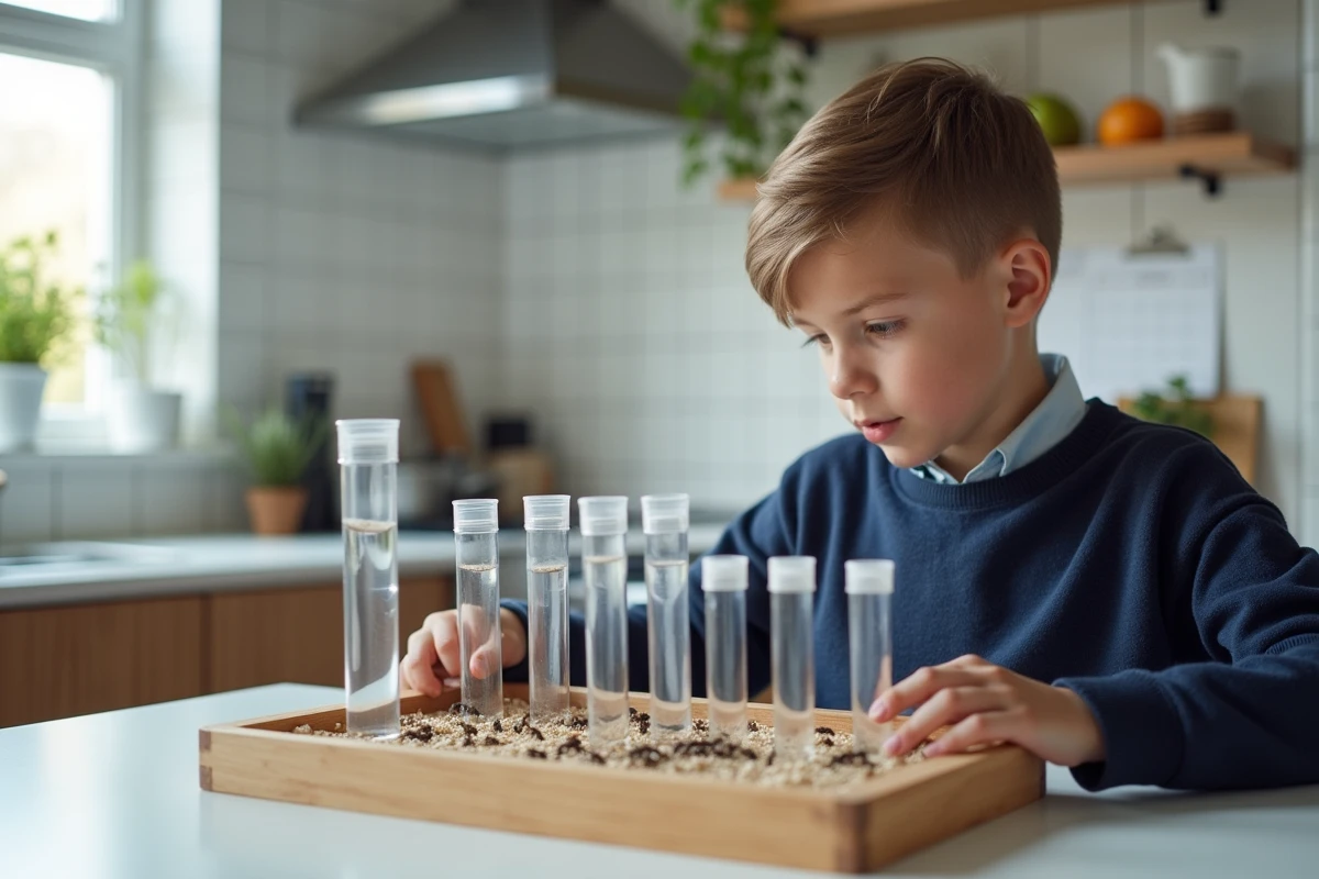 Garçon de dix ans observant un fourmiliere dans la cuisine