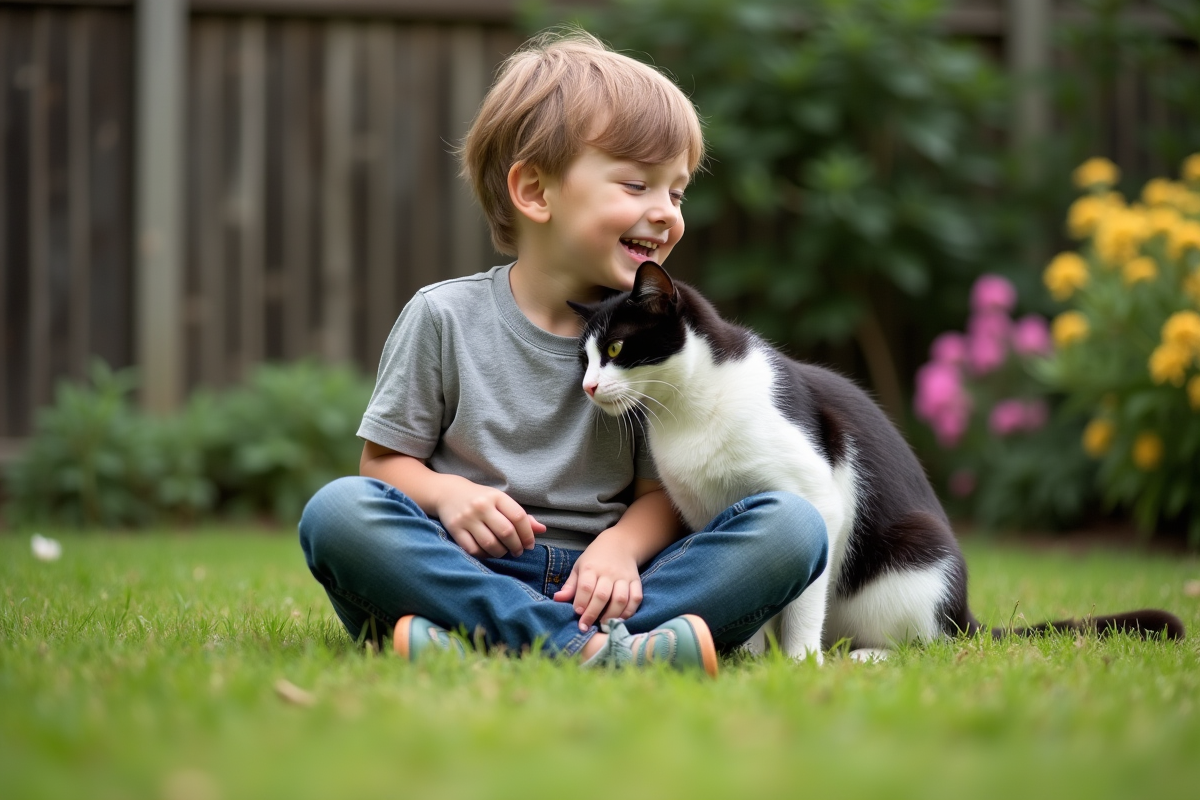 Garçon riant avec un chat noir et blanc dans un jardin